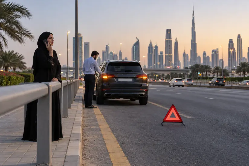 Vehicle stopped beside a Dubai road in an illustrative scene